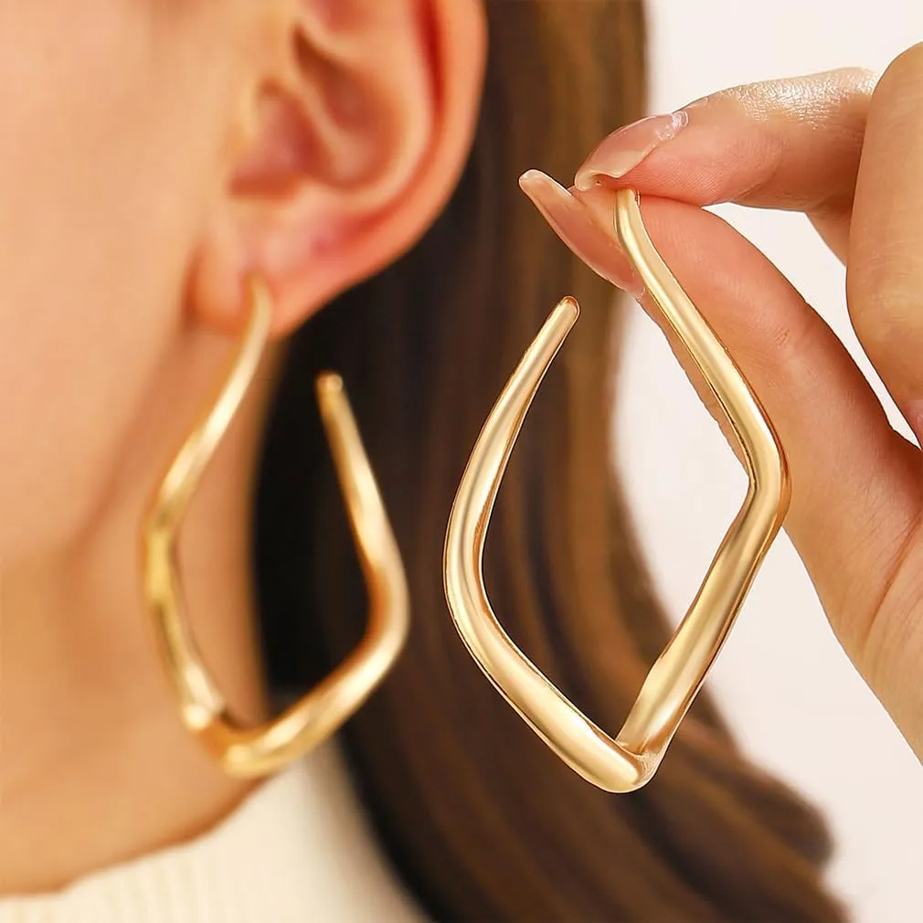 14K Gold Square Large Hoop Earrings for Women Unique Twisted Big Rectangle Drop Dangle Earring Trendy Oversized Bold Geometric Statement Jewelry
