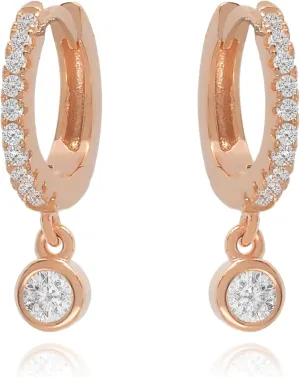 14K Solid Hoops Earrings/Bezel Diamond (0.42ct) Dangle Earrings/Tiny Hoop Earrings/Small Diamond Hoops/Diamond Huggie Hoop Earrings/Gift For Her.