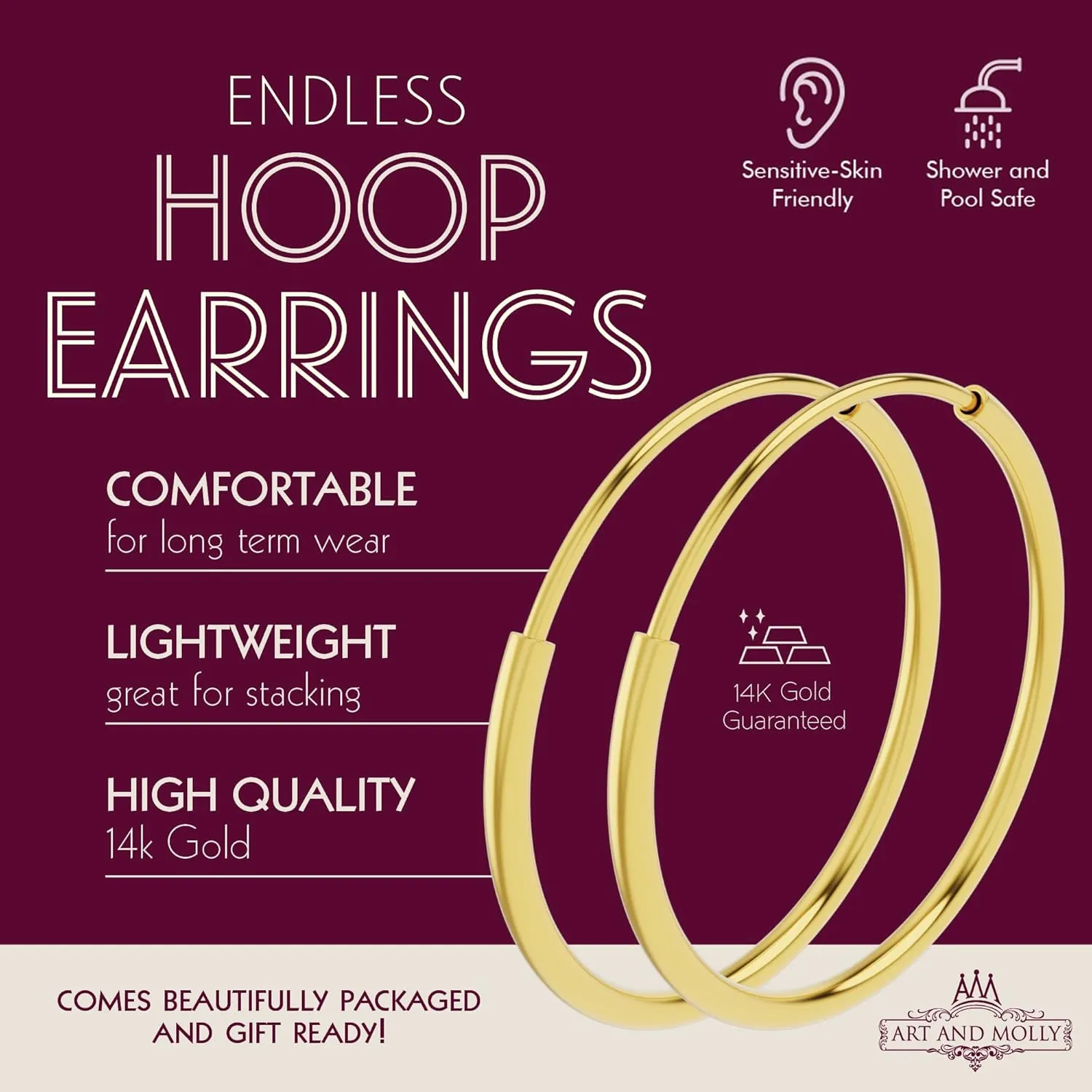14k Yellow Gold Endless Hoop Earrings Round Flexible Thin Small little Continuous Real Pure Gold Hoops