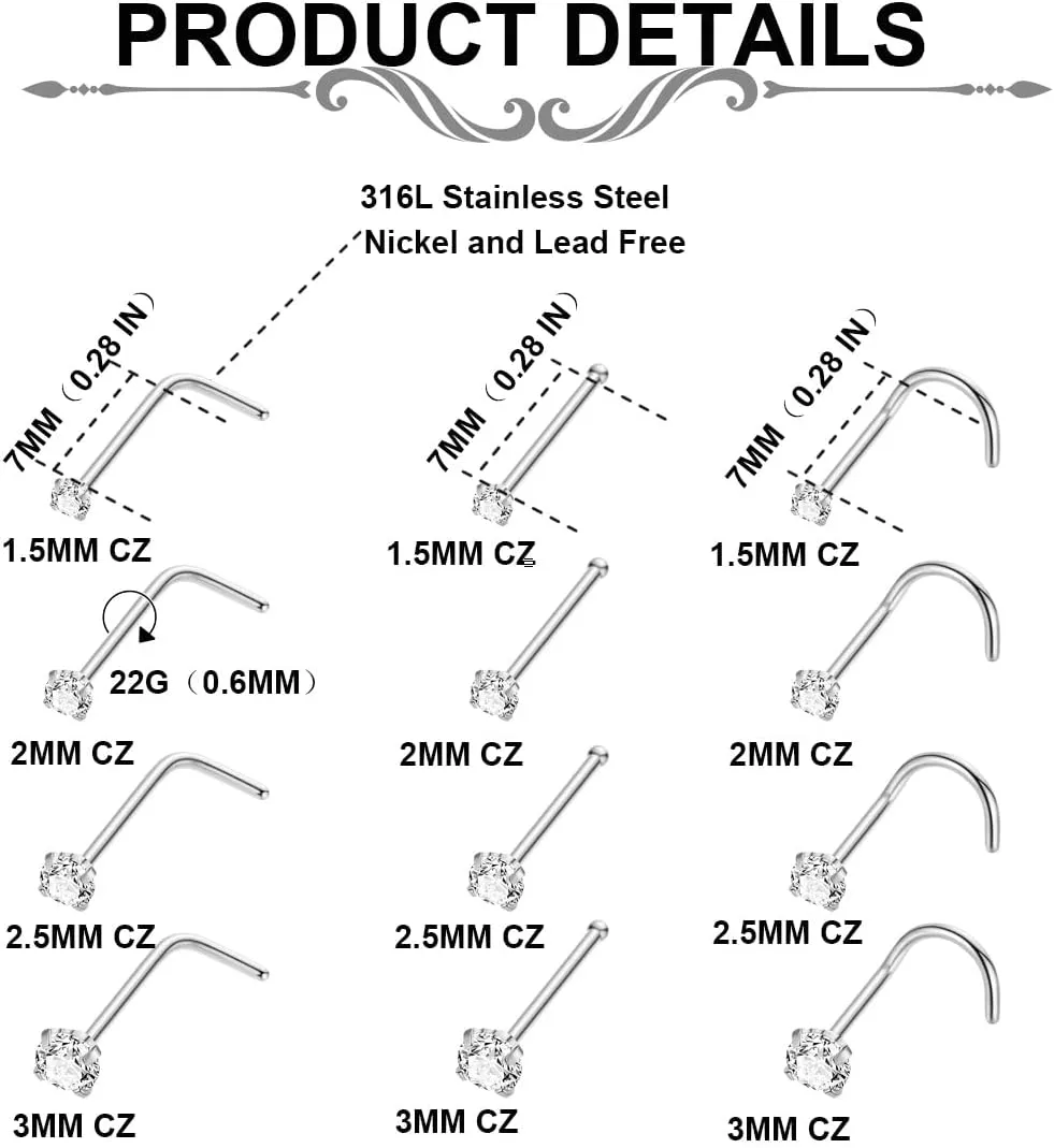 24PCS 22G 316L Stainless Steel Nose Rings Hoop for Women Men Nose Studs CZ Cartilage Helix Tragus Piercing Jewelry