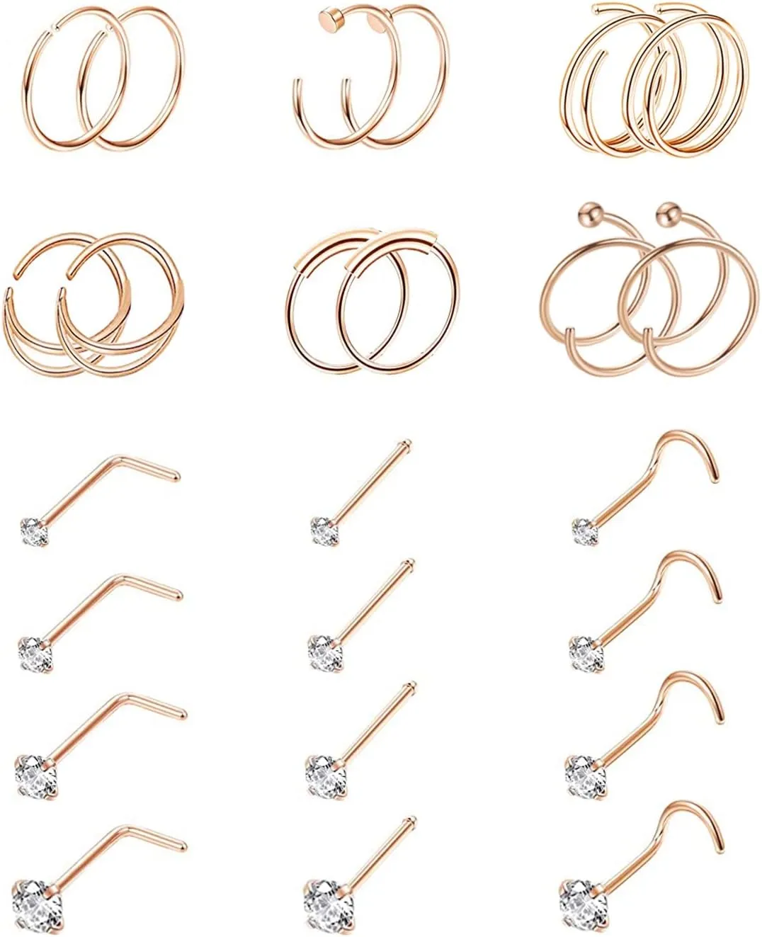 24PCS 22G 316L Stainless Steel Nose Rings Hoop for Women Men Nose Studs CZ Cartilage Helix Tragus Piercing Jewelry