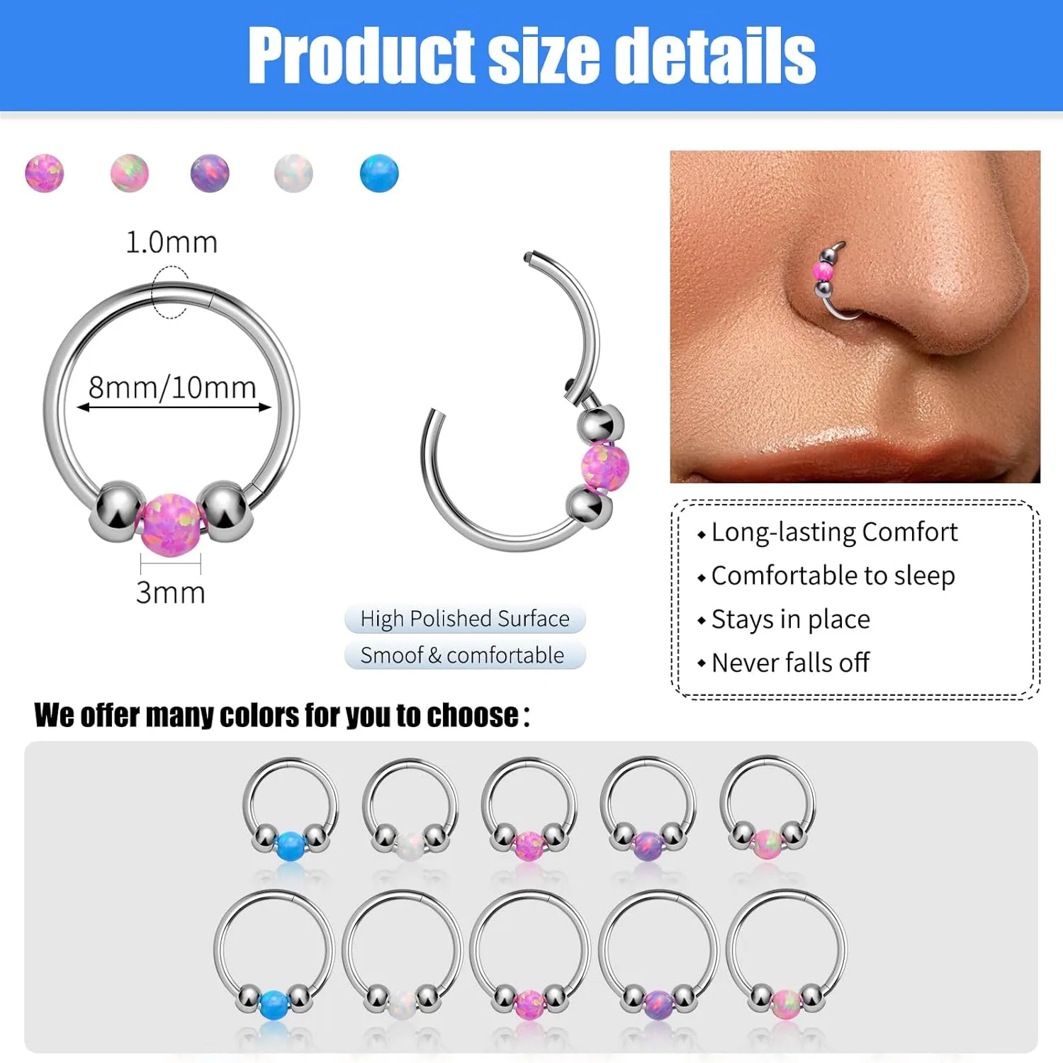 2pcs 18G Opal Nose Rings for Women, G23 Titanium Nose Piercing Jewelry for Helix, Tragus, Conch, Rook, Earlobe Piercing Jewelry Nose Ring (8mm 10mm)