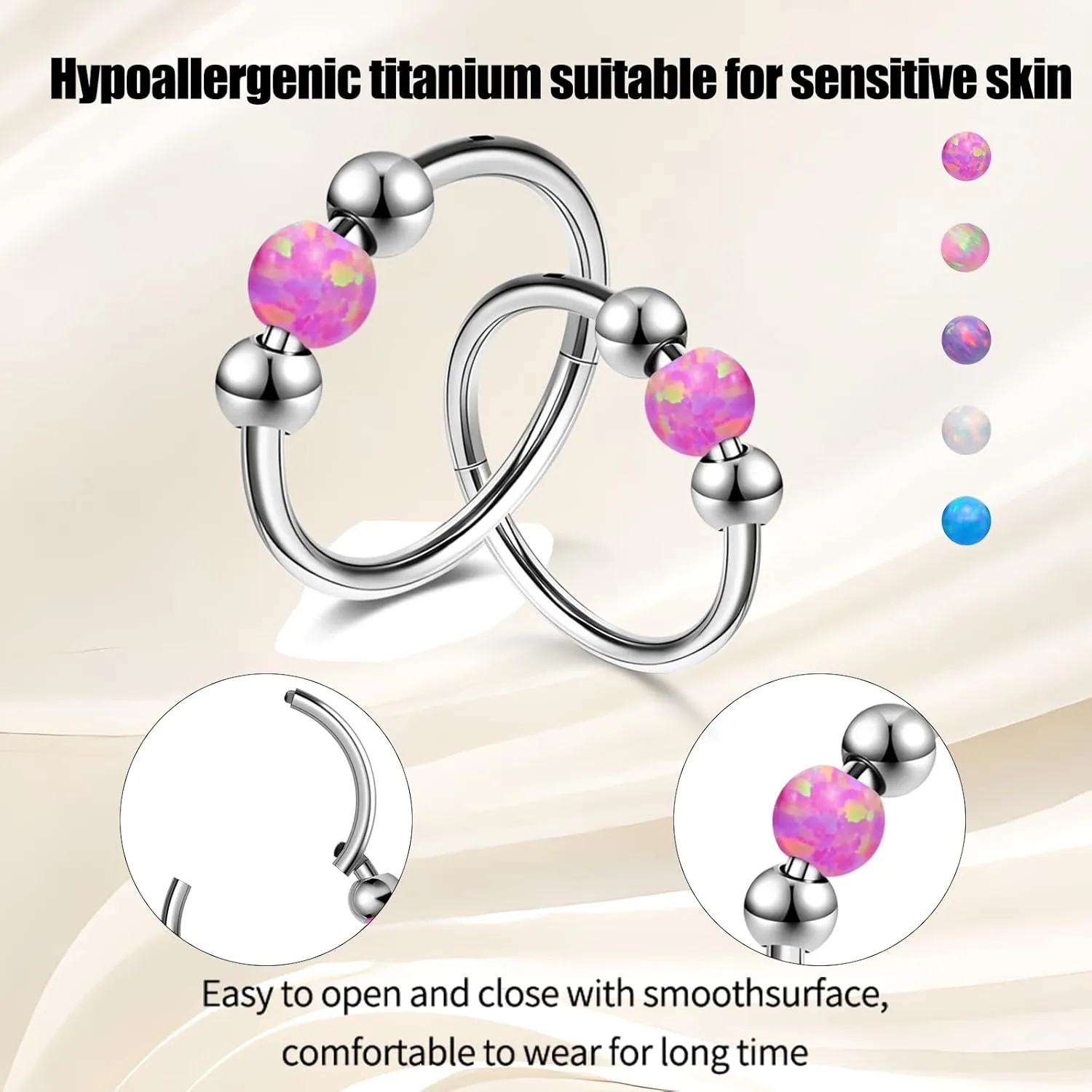 2pcs 18G Opal Nose Rings for Women, G23 Titanium Nose Piercing Jewelry for Helix, Tragus, Conch, Rook, Earlobe Piercing Jewelry Nose Ring (8mm 10mm)