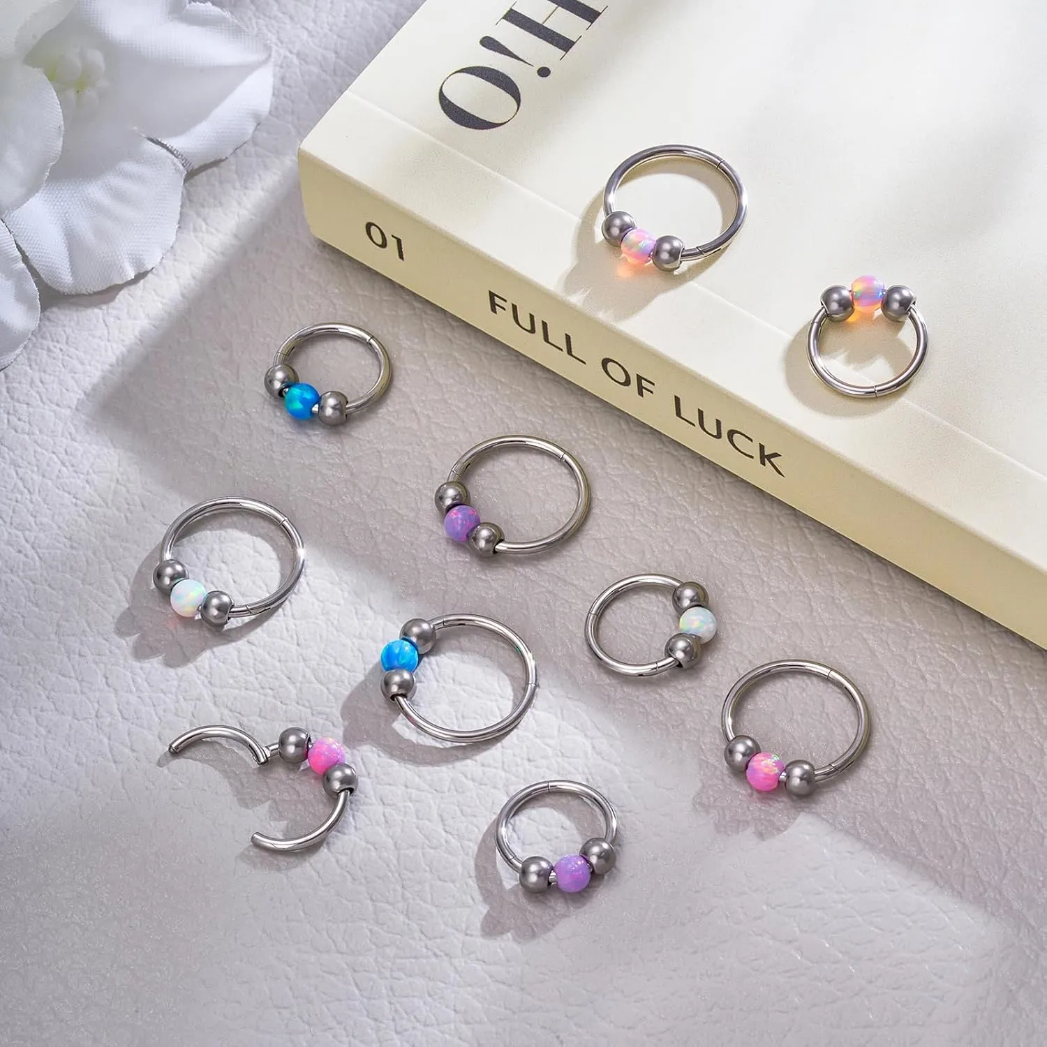 2pcs 18G Opal Nose Rings for Women, G23 Titanium Nose Piercing Jewelry for Helix, Tragus, Conch, Rook, Earlobe Piercing Jewelry Nose Ring (8mm 10mm)
