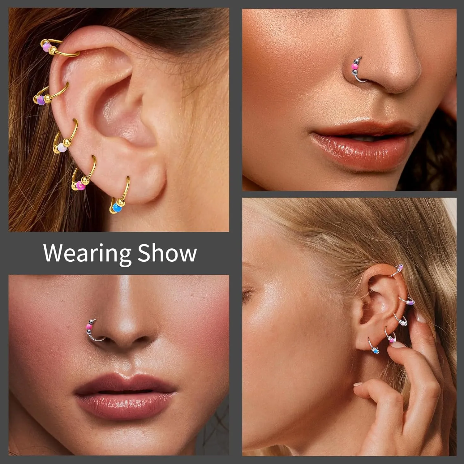 2pcs 18G Opal Nose Rings for Women, G23 Titanium Nose Piercing Jewelry for Helix, Tragus, Conch, Rook, Earlobe Piercing Jewelry Nose Ring (8mm 10mm)