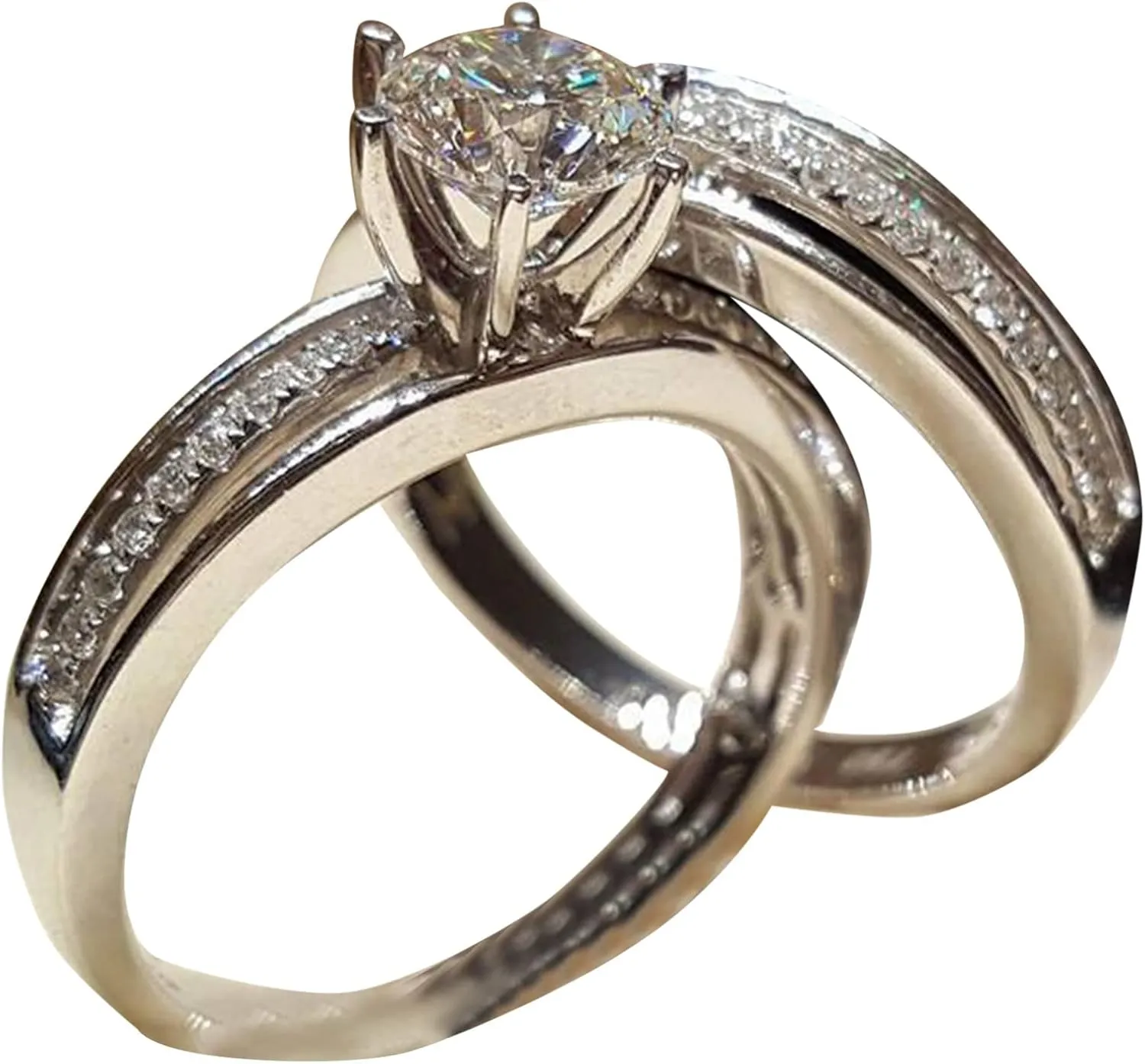 2Pcs Rhinestone Rings Set for Womens Simulating Diamond Engagement Rings Zircon Bridal Wedding Bands Lady (Silver, 5)