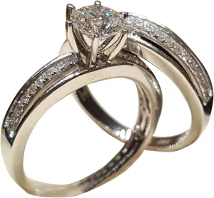 2Pcs Rhinestone Rings Set for Womens Simulating Diamond Engagement Rings Zircon Bridal Wedding Bands Lady (Silver, 5)