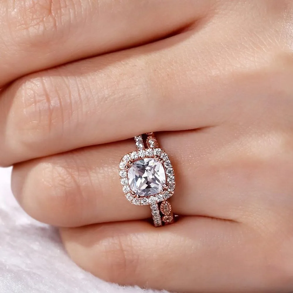 2pcs Simulated Diamond Wedding Band Set CZ Engagement Ring Exquisite Elegant Anniversary Ring for Women (Rose Gold, 9)