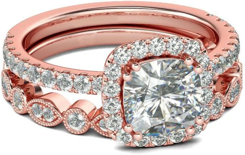 2pcs Simulated Diamond Wedding Band Set CZ Engagement Ring Exquisite Elegant Anniversary Ring for Women (Rose Gold, 9)
