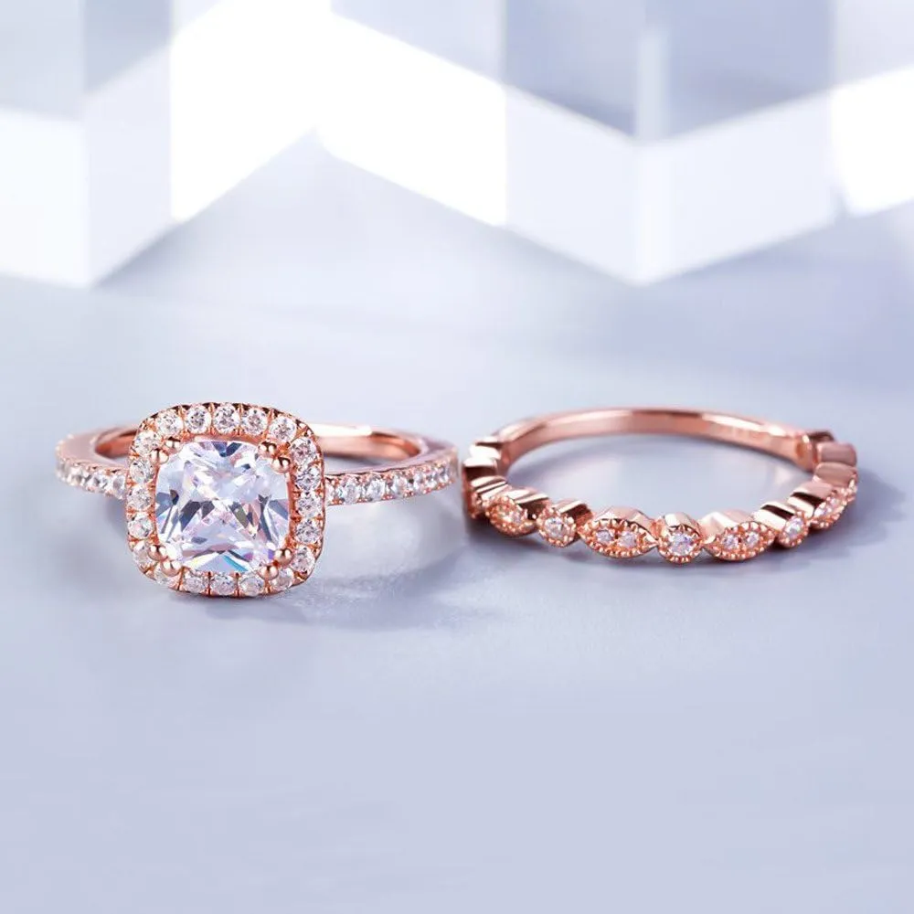 2pcs Simulated Diamond Wedding Band Set CZ Engagement Ring Exquisite Elegant Anniversary Ring for Women (Rose Gold, 9)