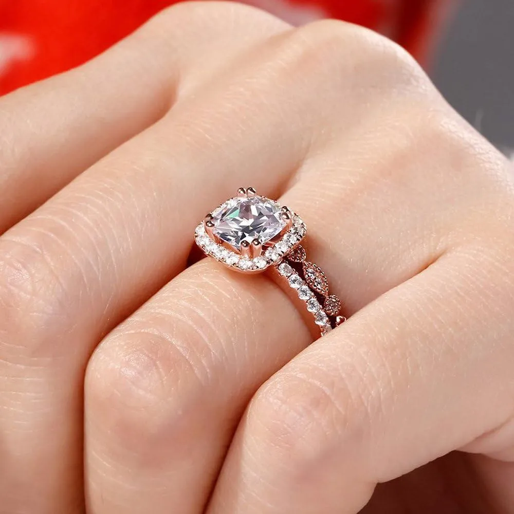 2pcs Simulated Diamond Wedding Band Set CZ Engagement Ring Exquisite Elegant Anniversary Ring for Women (Rose Gold, 9)