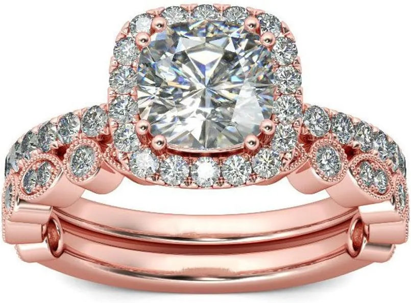 2pcs Simulated Diamond Wedding Band Set CZ Engagement Ring Exquisite Elegant Anniversary Ring for Women (Rose Gold, 9)