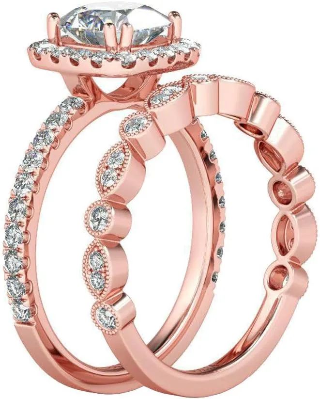 2pcs Simulated Diamond Wedding Band Set CZ Engagement Ring Exquisite Elegant Anniversary Ring for Women (Rose Gold, 9)