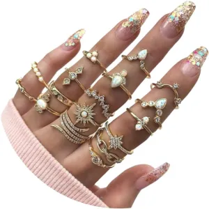 3-17 PCS Knuckle Stacking Rings for Women,Boho Vintage Finger Rings Stackable Gold Silver Moon Snake Set Multiple Rings Fashion Jewelry