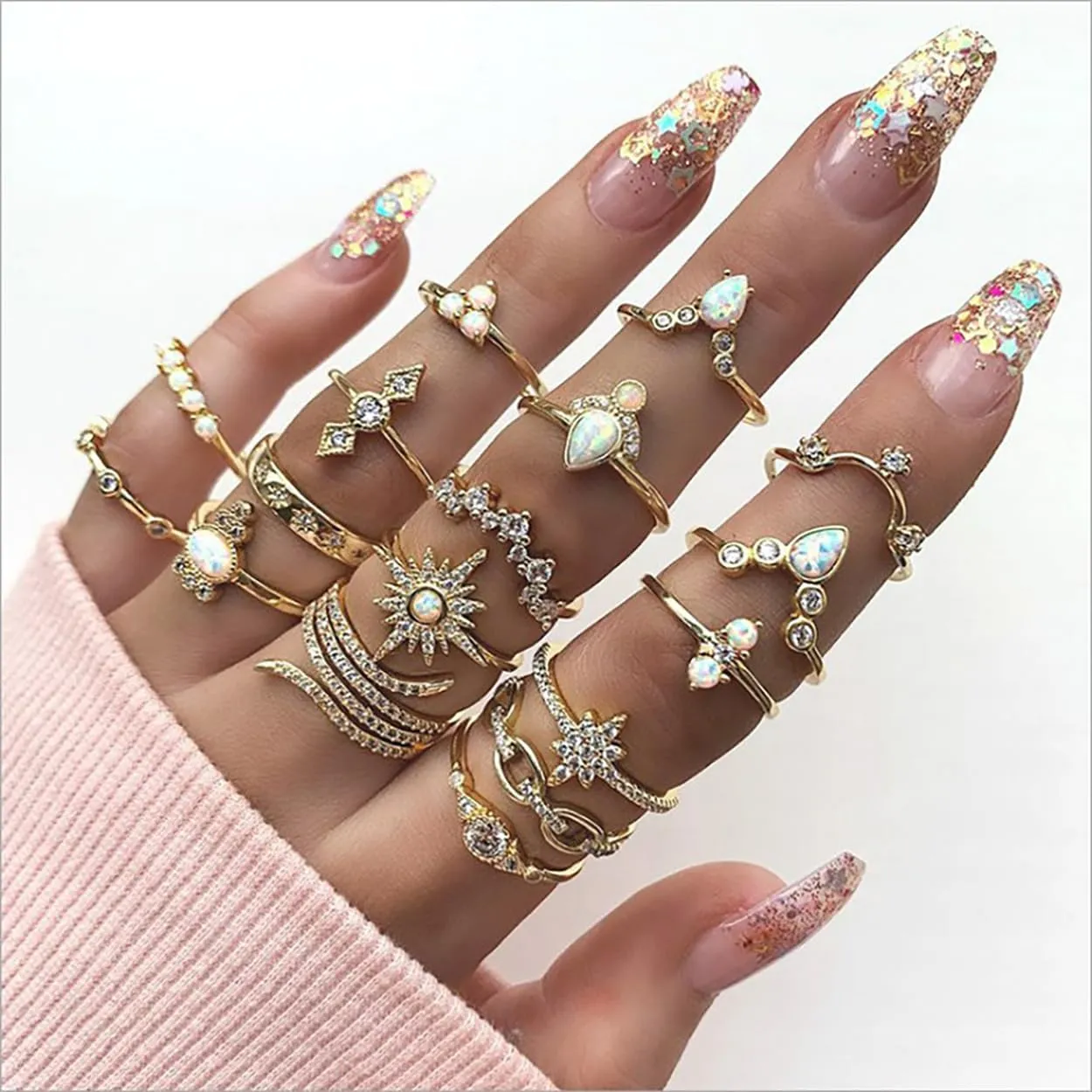 3-17 PCS Knuckle Stacking Rings for Women,Boho Vintage Finger Rings Stackable Gold Silver Moon Snake Set Multiple Rings Fashion Jewelry