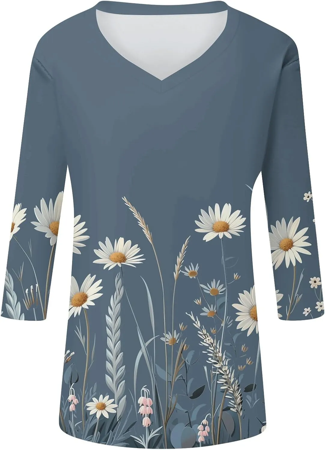 3/4 Length Sleeve Womens Tops Boho Printed V Neck T Shirts Cozy Casual Loose Plus Size Shirts