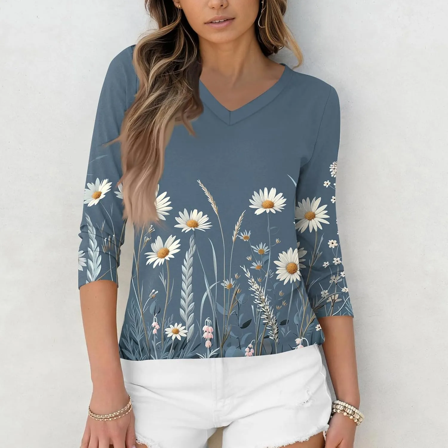 3/4 Length Sleeve Womens Tops Boho Printed V Neck T Shirts Cozy Casual Loose Plus Size Shirts