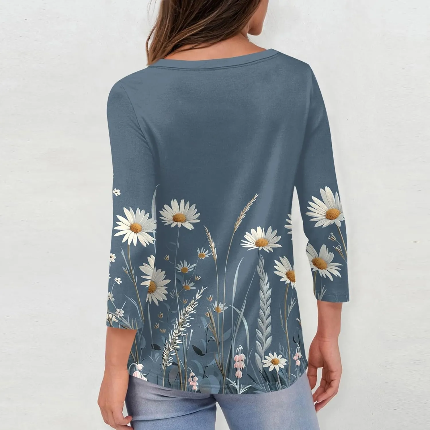 3/4 Length Sleeve Womens Tops Boho Printed V Neck T Shirts Cozy Casual Loose Plus Size Shirts