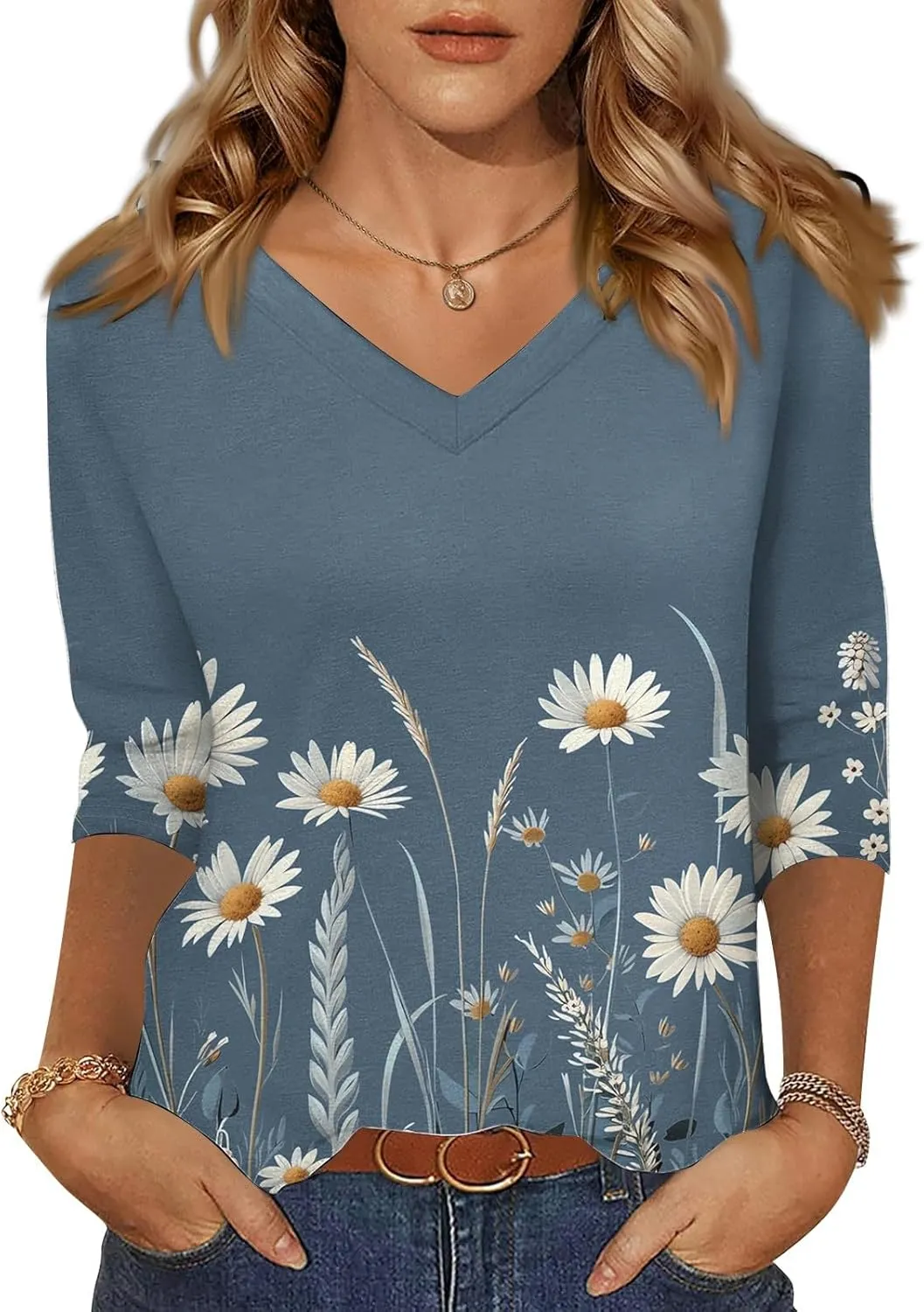 3/4 Length Sleeve Womens Tops Boho Printed V Neck T Shirts Cozy Casual Loose Plus Size Shirts