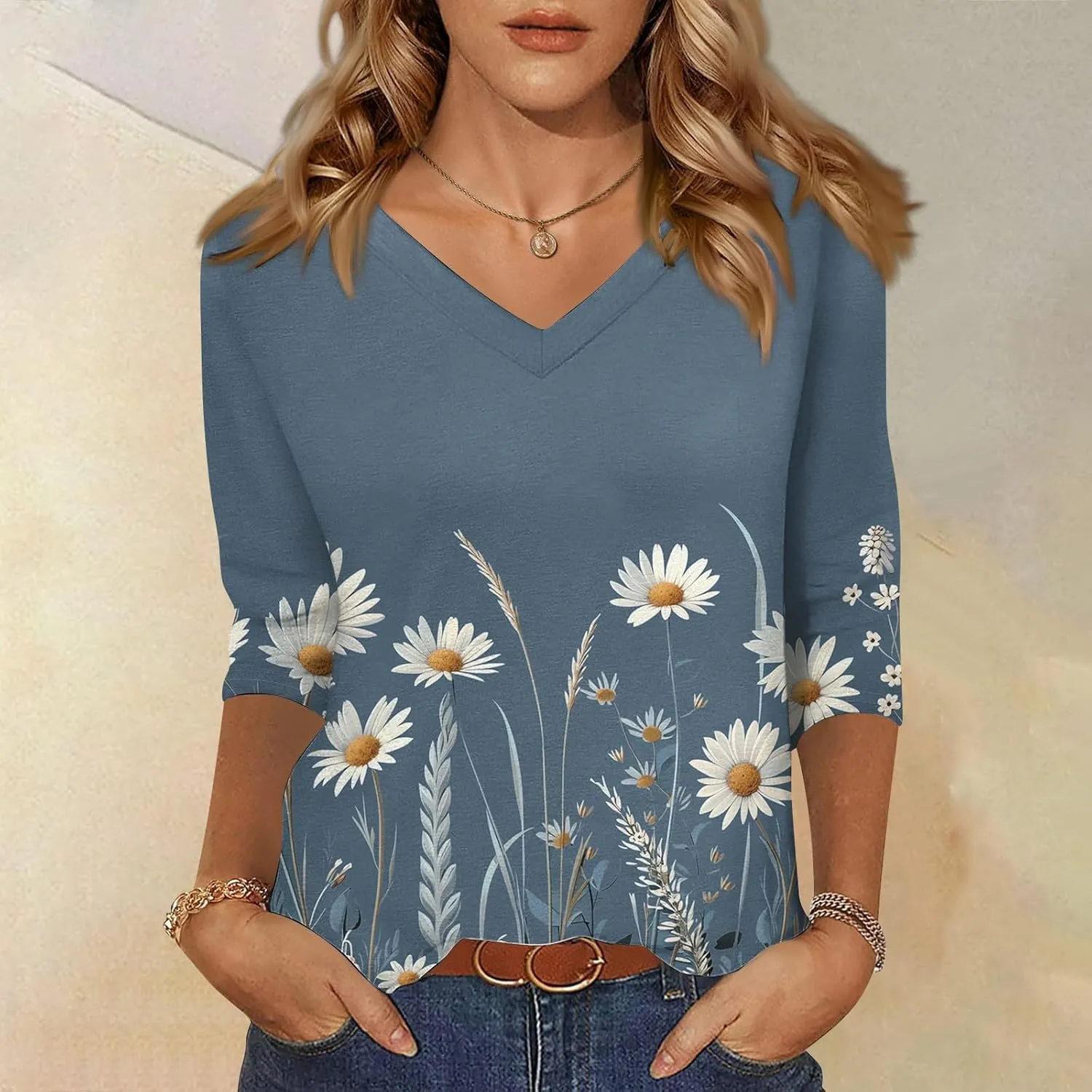 3/4 Length Sleeve Womens Tops Boho Printed V Neck T Shirts Cozy Casual Loose Plus Size Shirts