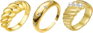 3Pcs Gold Rings for Women Non Tarnish Cubic Zircon Star Rings Silver Chunky Knuckle Rings Bold Rings Rhinestone Rings Pearl Rings Jewelry Gifts