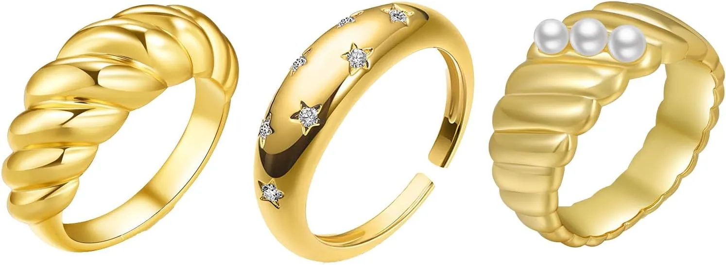 3Pcs Gold Rings for Women Non Tarnish Cubic Zircon Star Rings Silver Chunky Knuckle Rings Bold Rings Rhinestone Rings Pearl Rings Jewelry Gifts