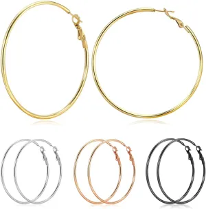 4 Pairs Fashion Big Hoop Earrings, Lightweight Large Hoop Earrings Hypoallergenic 14K Gold Plated Big Hoops for Women