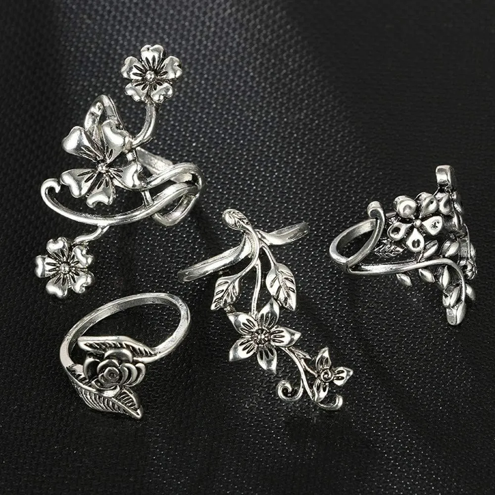 4 Pcs Gothic Vintage Sunflower Open Ring Silver Family Birth Flowers Party Rings for Women Bohemian Rings Set