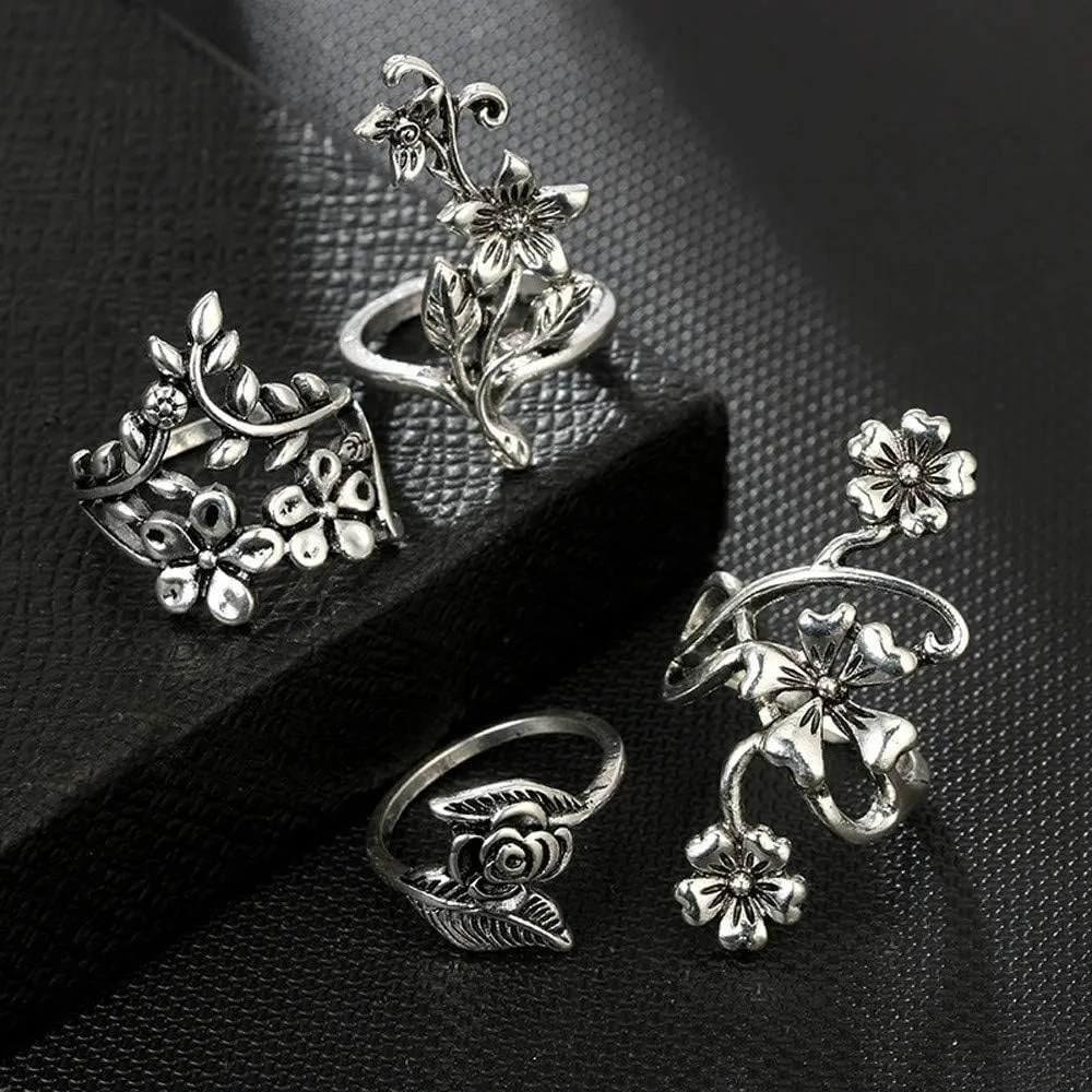 4 Pcs Gothic Vintage Sunflower Open Ring Silver Family Birth Flowers Party Rings for Women Bohemian Rings Set