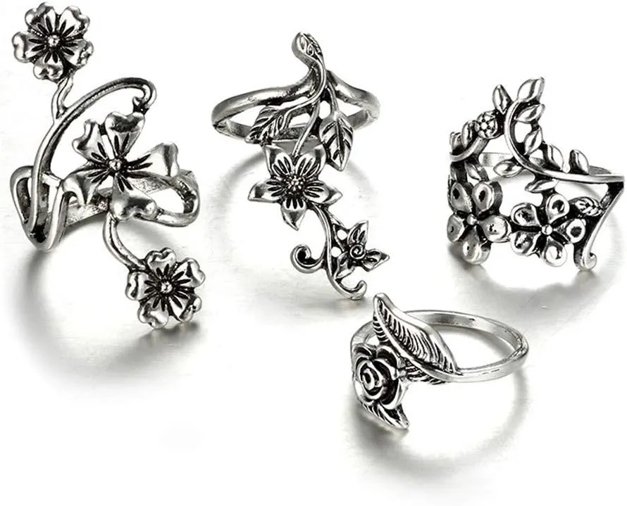 4 Pcs Gothic Vintage Sunflower Open Ring Silver Family Birth Flowers Party Rings for Women Bohemian Rings Set