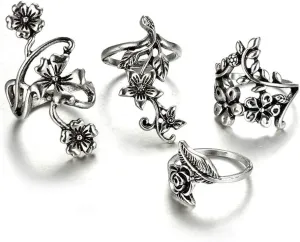 4 Pcs Gothic Vintage Sunflower Open Ring Silver Family Birth Flowers Party Rings for Women Bohemian Rings Set