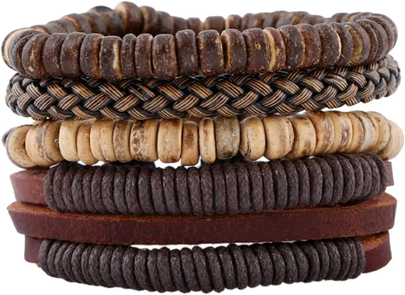 4Pcs Mens Braided Leather Bracelets Set for Men Woven Wrist Cuff Bracelets Hemp Cords Wooden Beads Wrap Bracelets Adjustable Wristband Bracelets