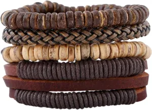 4Pcs Mens Braided Leather Bracelets Set for Men Woven Wrist Cuff Bracelets Hemp Cords Wooden Beads Wrap Bracelets Adjustable Wristband Bracelets