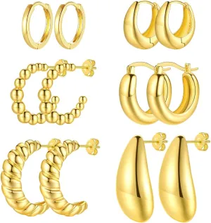 6 Pairs Gold Hoop Earrings Set for Women, Lightweight 14K Gold Plated Chunky Hoop Earrings Set, Hypoallergenic Thick Open Twisted Huggie Hoops Earrings Jewelry Gift for Women
