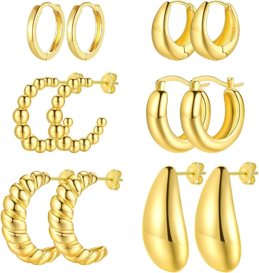 6 Pairs Gold Hoop Earrings Set for Women, Lightweight 14K Gold Plated Chunky Hoop Earrings Set, Hypoallergenic Thick Open Twisted Huggie Hoops Earrings Jewelry Gift for Women