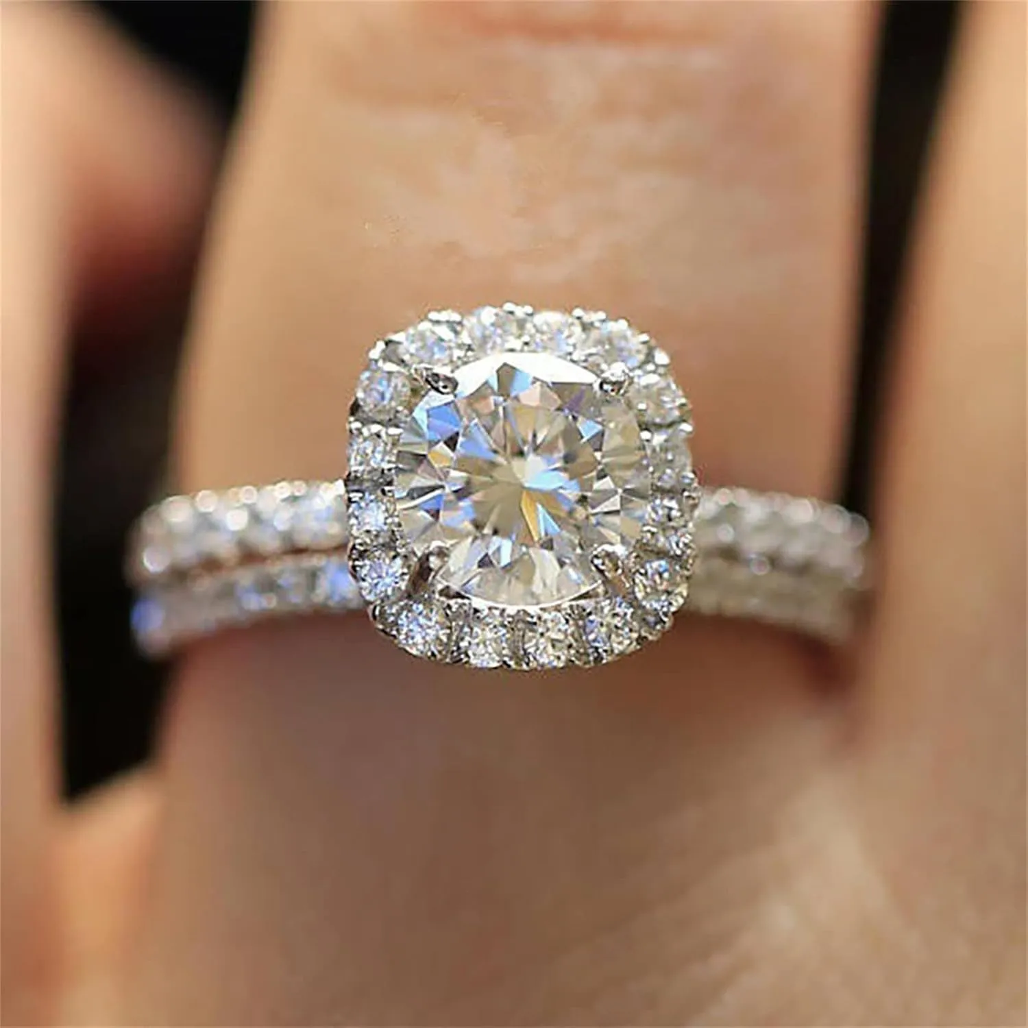 925 Silver Fashion Engagement Rings Cushion Cut Cubic Zirconia Solitaire Propose Wedding/Bridal Ring Set for Women