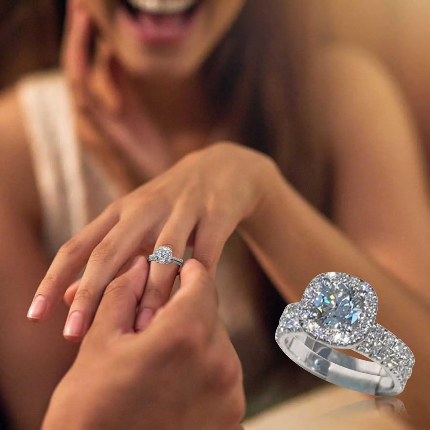 925 Silver Fashion Engagement Rings Cushion Cut Cubic Zirconia Solitaire Propose Wedding/Bridal Ring Set for Women