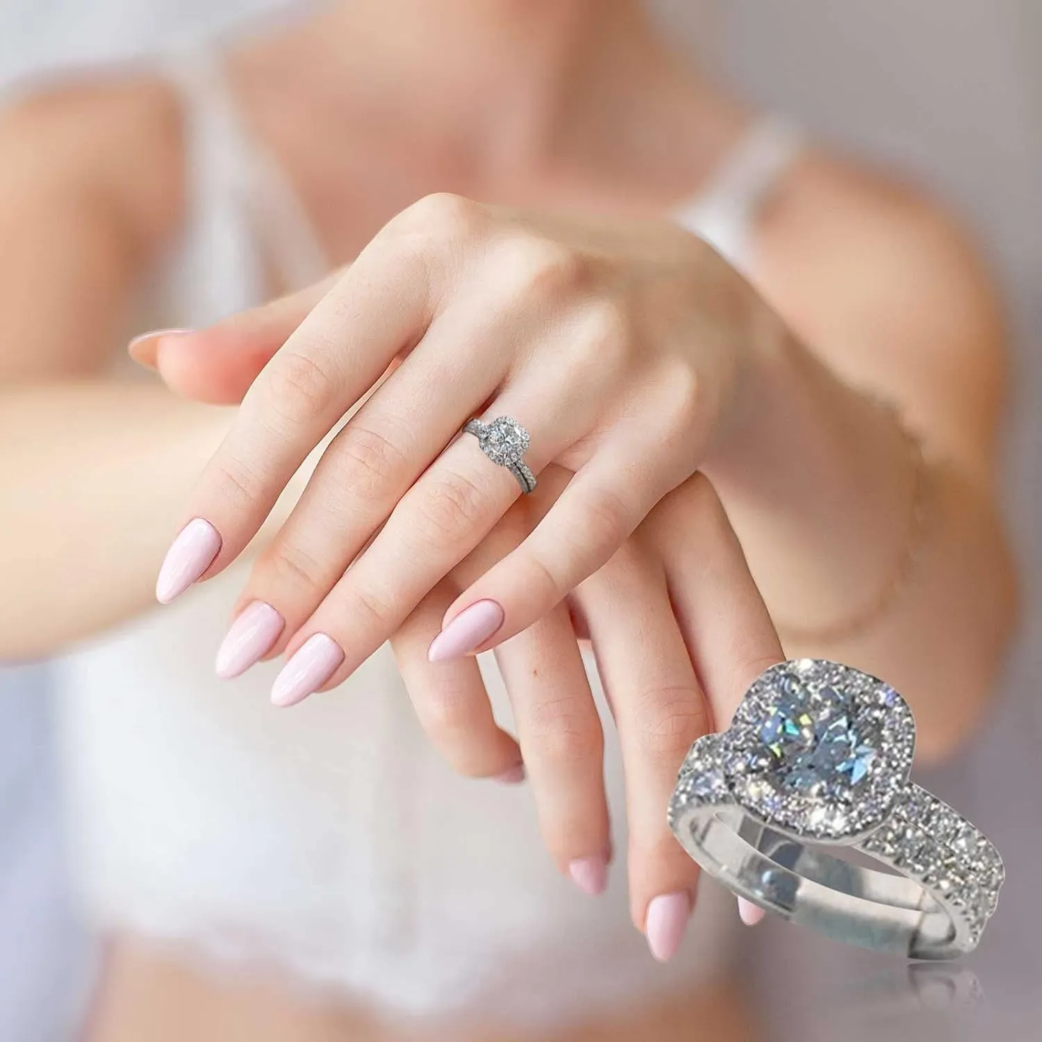 925 Silver Fashion Engagement Rings Cushion Cut Cubic Zirconia Solitaire Propose Wedding/Bridal Ring Set for Women