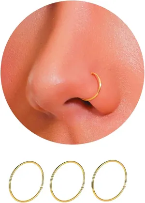 925 Sterling Silver Nose Ring Hoop for Women, Thin Nose Piercing jewelry (3pcs- 8mm 22 gauge) (Gold)