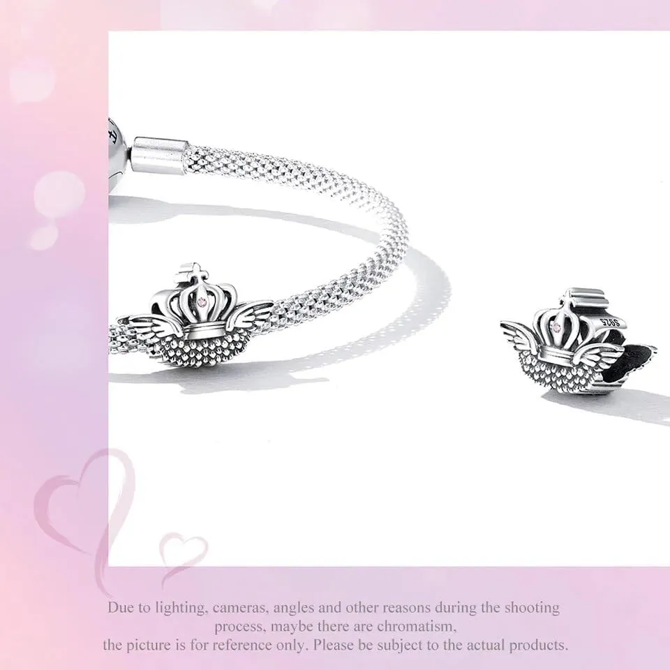 925 Sterling Silver Pink Love Heart Charms Pendants Princess Crown Beads Women Fit Original Bracelet Necklace SSS-0428-WO-792