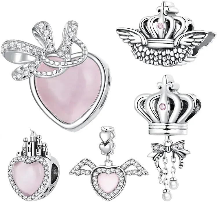 925 Sterling Silver Pink Love Heart Charms Pendants Princess Crown Beads Women Fit Original Bracelet Necklace SSS-0428-WO-792