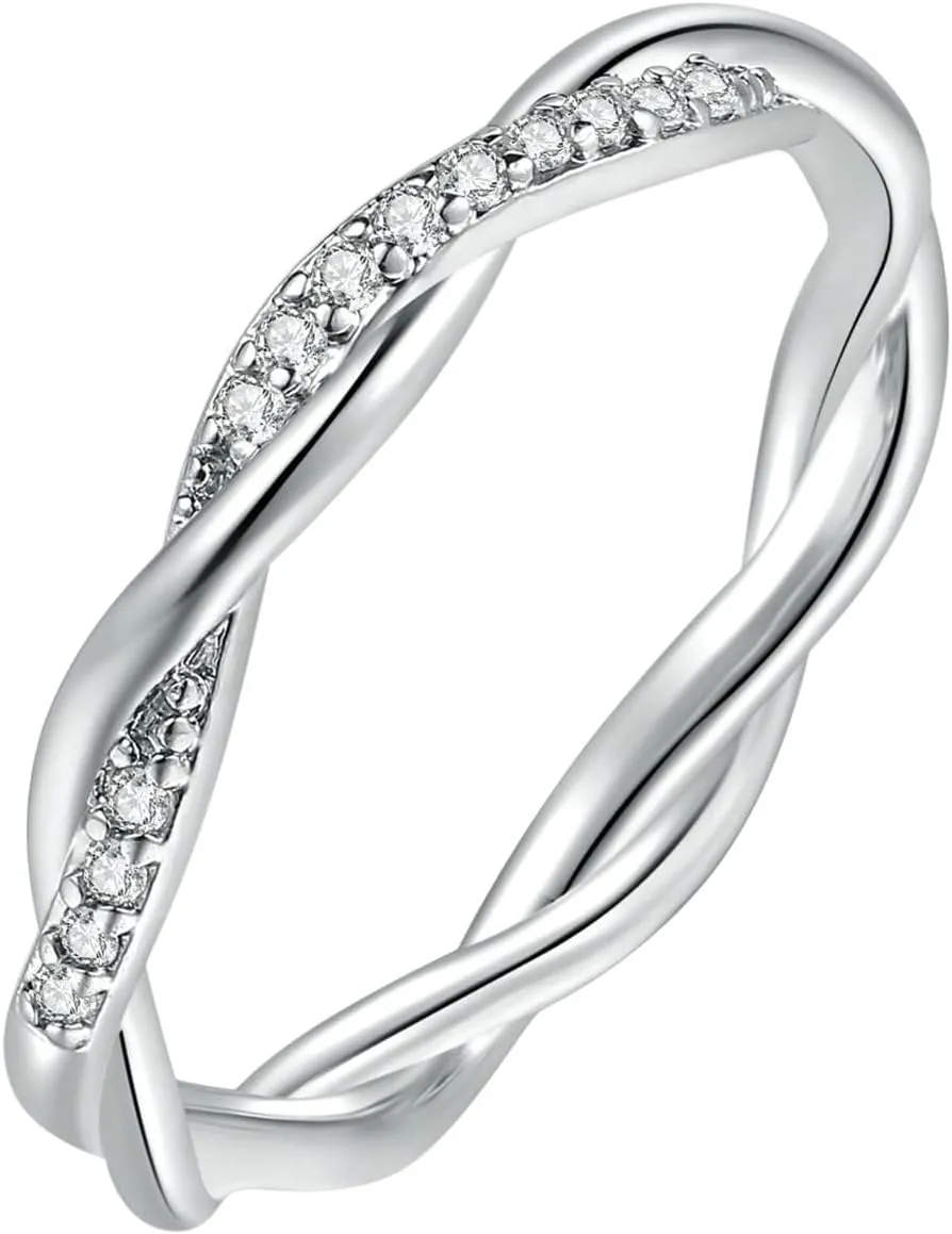 925 Sterling Silver Ring for Women Twisted Rope Infinity Cubic Zirconia Eternity Wedding Band Promise Stackable Rings