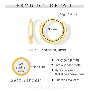 925 Sterling Silver Small Gold Huggie Hoop Earrings for Women Men, 14K Gold Plated Cartilage Hoop Earring, Helix, Tragus, Earlobe Tiny Hoops Lightweight Hypoallergenic Earrings Cuff (1 Pair - 9mm)
