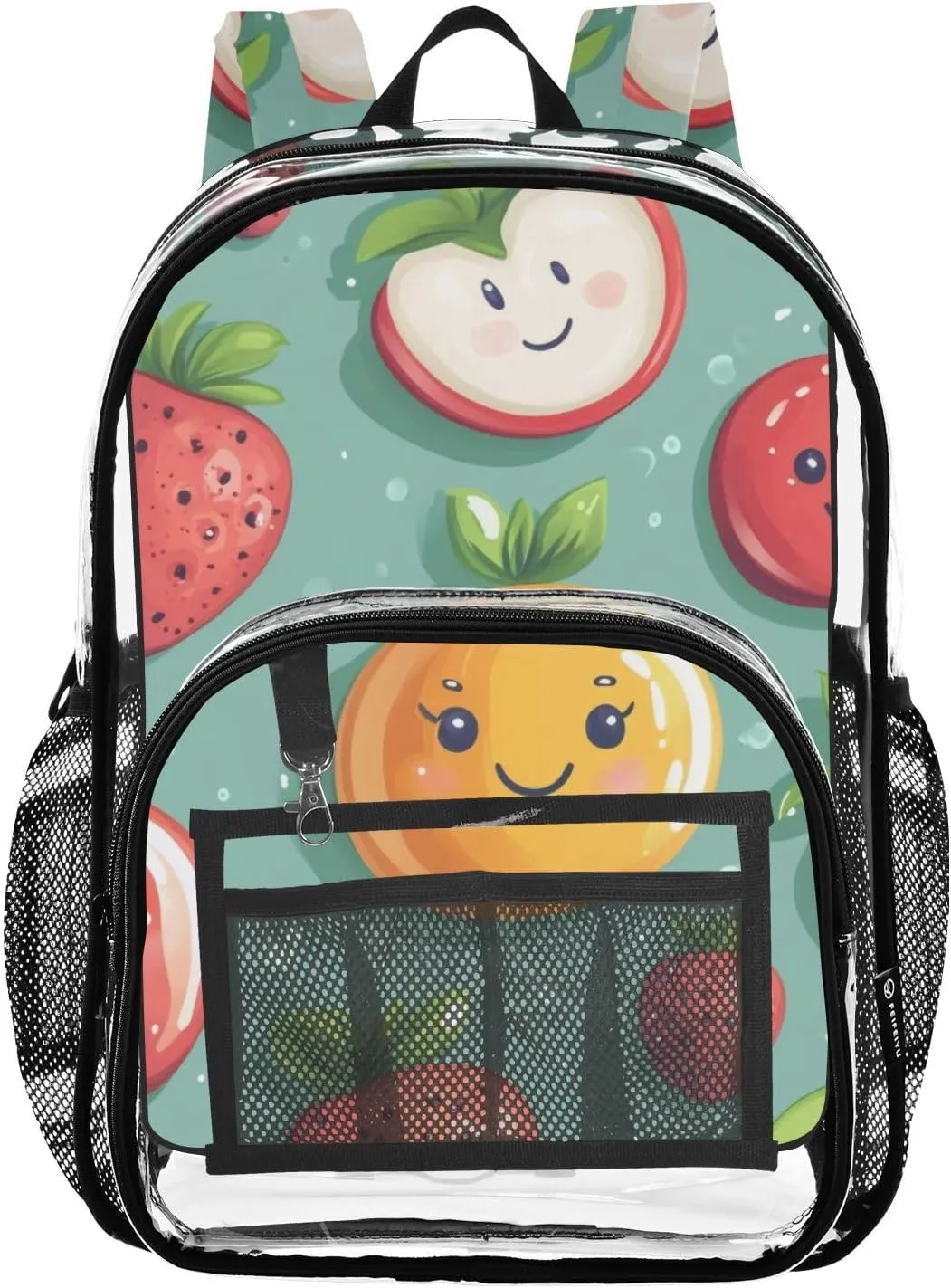 Adorable Fruits Clear Backpack with Back Print, Heavy Duty See Through Backpacks PVC Transparent Daypack for Travel Security