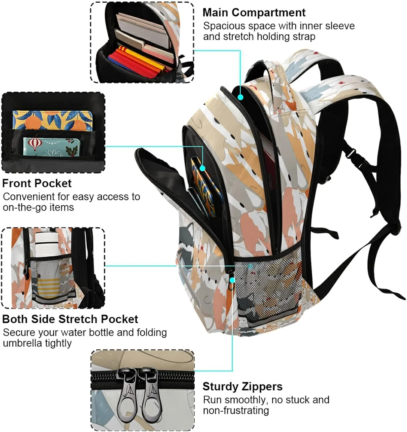 ALAZA Cute Fox Print Animal Backpack For women Bookbag Travel Daypack