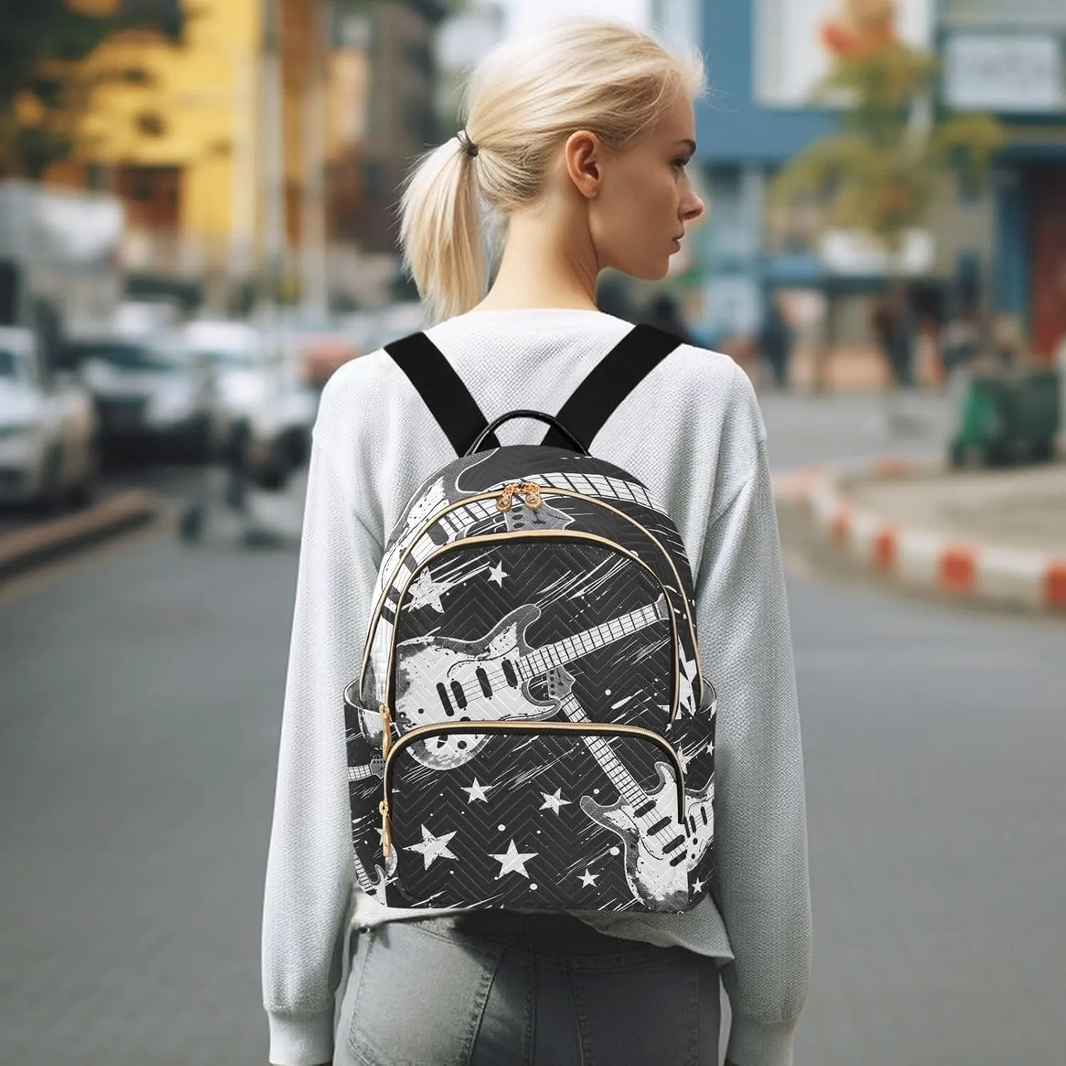 ALAZA Women Mini Backpack Purse Bag Lightweight Casual Daily Travel Backpack Guitar Rock N Roll Back Pack Fashion Multipurpose Shoulder Bag,S
