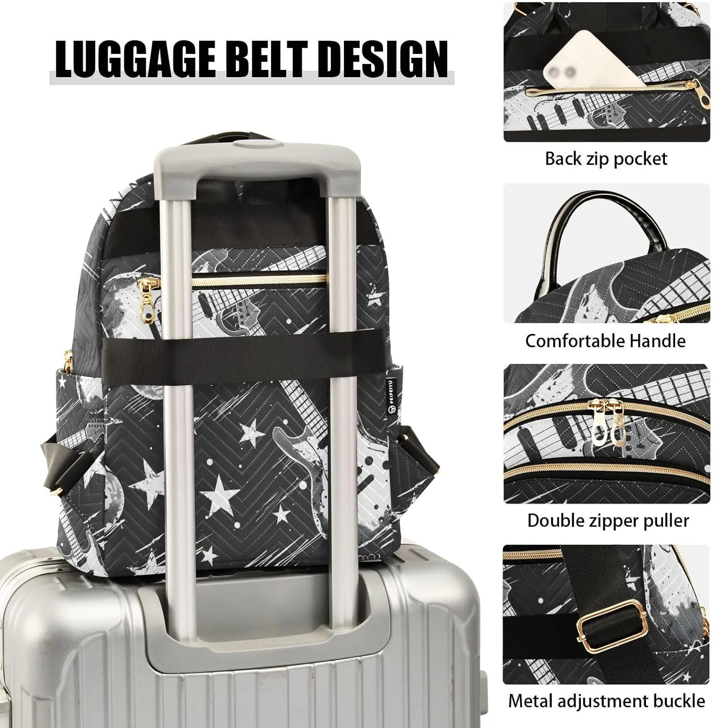 ALAZA Women Mini Backpack Purse Bag Lightweight Casual Daily Travel Backpack Guitar Rock N Roll Back Pack Fashion Multipurpose Shoulder Bag,S
