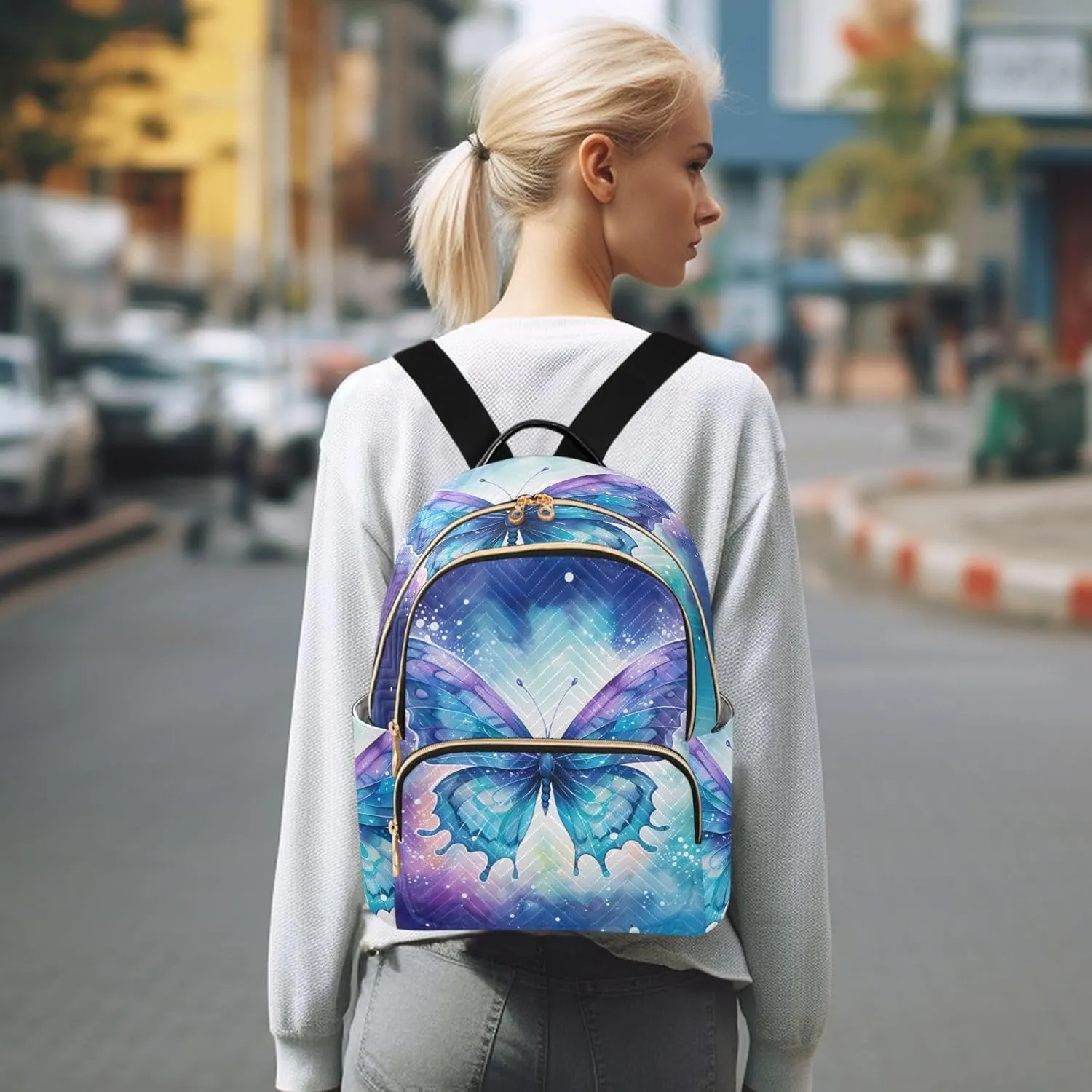 ALAZA Women Mini Backpack Purse Bag Lightweight Casual Daily Travel Backpack Watercolor Blue Butterfly Back Pack Fashion Multipurpose Shoulder Bag,M