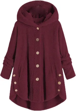 Andongnywell Women Oversized Sherpa Hoodie Fuzzy Fleece Jacket Single row buttons Outerwear Coat with Pockets (Wine Red,4X-Large)