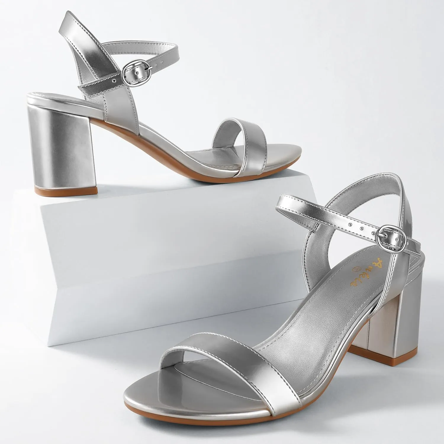 Ankis Nude Black Heels, 2.5'' Block Chunky White Clear Silver Heel Dressy Open Toe Heels For Women Ankle Strap Low Short Thick Strappy Dress Comfortable Sandal Casual Party Wedding Event Summer Shoes